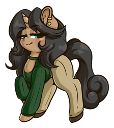 Size: 3193x3571 | Tagged: safe, artist:wickedsilly, oc, oc:cordelia hoofbrook, species:pony, species:unicorn, black hair, clothing, ear piercing, earring, female, green eyes, jewelry, looking at you, mare, piercing