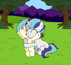 Size: 961x876 | Tagged: safe, artist:linedraweer, oc, oc:alexander cheval, oc:melody, species:pegasus, species:pony, species:unicorn, baby, bipedal, brother and sister, commission, female, foal, hug, hug from behind, male, park, siblings, underhoof, wings