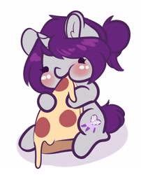 Size: 2537x3135 | Tagged: safe, artist:wickedsilly, oc, oc only, oc:wicked silly, ponysona, species:pony, species:unicorn, cute, eating, female, food, mare, meat, ocbetes, pepperoni, pepperoni pizza, pizza, simple background, solo, tiny, tiny ponies