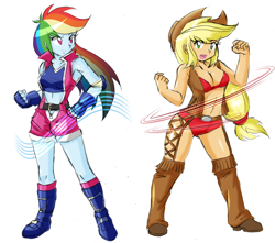 Size: 3000x2656 | Tagged: safe, artist:danmakuman, edit, character:applejack, character:rainbow dash, my little pony:equestria girls, armpits, boots, breasts, chaps, cleavage, clothing, female, fingerless gloves, gloves, shoes, simple background, vest, white background