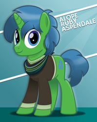Size: 800x1005 | Tagged: safe, artist:jhayarr23, oc, oc:alope ruby aspendale, species:pony, species:unicorn, clothing, cutie mark, happy, jumper, male, scarf, solo, stallion, standing, text, vector
