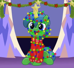 Size: 800x739 | Tagged: safe, artist:jhayarr23, oc, oc:alope ruby aspendale, species:pony, species:unicorn, adorable face, christmas, christmas lights, cute, happy, holiday, jumper, light, lights, sitting