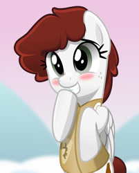 Size: 600x747 | Tagged: safe, artist:jhayarr23, oc, oc only, oc:graph travel, species:pegasus, species:pony, episode:winter wrap up, g4, my little pony: friendship is magic, blushing, clothing, female, freckles, mare, smiling, snickering, snow, solo, vest, winter wrap up vest