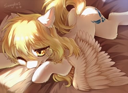 Size: 1280x937 | Tagged: safe, artist:swaybat, oc, oc only, oc:star nai, species:pegasus, species:pony, bed, blonde hair, cutie mark, female, floppy ears, light, mare, white coat, yellow eyes