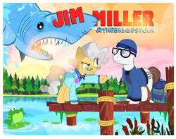 Size: 546x430 | Tagged: safe, artist:pixelkitties, character:mayor mare, oc, species:pony, forest, frog, jaws, jim miller, lake, lily pad, pier, pixelkitties' brilliant autograph media artwork, shark, water
