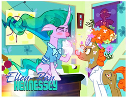 Size: 543x420 | Tagged: safe, artist:pixelkitties, character:doctor muffin top, character:mistmane, species:earth pony, species:pony, species:unicorn, anatomy chart, chart, doctor, doctor's office, duo, elley-ray hennessey, female, flower, glasses, head mirror, male, mare, pixelkitties' brilliant autograph media artwork, sneezing, stallion, tissue box