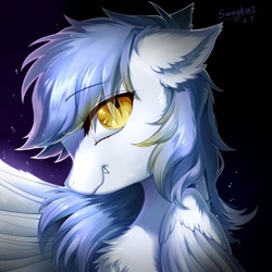 Size: 1280x1280 | Tagged: safe, artist:swaybat, oc, oc only, oc:gabriel, species:bat pony, species:pegasus, species:pony, black background, bust, eye clipping through hair, fangs, hybrid, portrait, simple background, slit eyes, slit pupils, smiling, solo, spread wings, wings