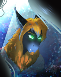 Size: 1709x2155 | Tagged: safe, artist:jc_bbqueen, oc, oc only, oc:midnight rush, species:anthro, species:bat pony, anthro oc, bat pony oc, clothing, fangs, glowing eyes, slit eyes, story in the source