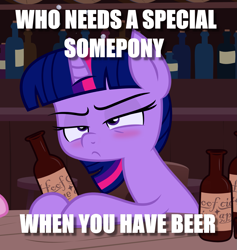 Size: 1313x1383 | Tagged: safe, artist:shoutingisfun, artist:slb94, character:twilight sparkle, species:pony, alcohol, beer, blushing, caption, drunk, drunk twilight, female, forever alone, image macro, impact font, lonely, meme, solo, text