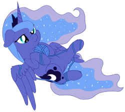 Size: 3744x3348 | Tagged: safe, artist:djdavid98, character:princess luna, species:alicorn, species:pony, :3, art trade, behaving like a cat, cheek fluff, cute, ear fluff, female, floppy ears, leg fluff, lunabetes, mare, on back, shoulder fluff, simple background, solo, spread wings, tangled up, transparent background, wing fluff, wings, yarn, yarn ball