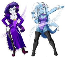 Size: 3120x2736 | Tagged: safe, artist:danmakuman, character:rarity, character:trixie, my little pony:equestria girls, armpits, breasts, busty rarity, busty trixie, cleavage, duo, duo female, female