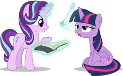 Size: 5577x3447 | Tagged: safe, artist:jhayarr23, character:starlight glimmer, character:twilight sparkle, character:twilight sparkle (alicorn), species:alicorn, species:pony, species:unicorn, episode:starlight the hypnotist, spoiler:interseason shorts, book, dazed, female, glowing horn, hypnosis, hypnotized, jewelry, ladybug, magic, pendant, pendulum swing, simple background, smiling, transparent background, vector