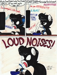 Size: 2085x2758 | Tagged: safe, artist:newyorkx3, oc, oc only, oc:tommy junior, species:earth pony, species:pony, ask, chat, descriptive noise, flight simulator, gaming, headphones, loud, male, noise, online, rage, screaming, solo