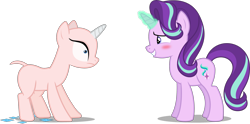 Size: 3144x1564 | Tagged: safe, artist:diegator007, artist:frownfactory, artist:parclytaxel, artist:tardifice, edit, editor:slayerbvc, character:rarity, character:starlight glimmer, species:pony, species:unicorn, episode:rarity's biggest fan, blushing, cutie mark, embarrassed, female, furless, furless edit, glowing horn, hairless, magic, mare, nervous, no eyelashes, nude edit, nudity, oops, shaved, shaved tail, sheepish grin, simple background, spell gone wrong, this will not end well, transparent background, vector, vector edit, whoops, wide eyes