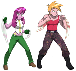 Size: 1872x1765 | Tagged: safe, artist:danmakuman, edit, character:big mcintosh, character:cheerilee, my little pony:equestria girls, belly button, boots, clothing, commission, cosplay, costume, female, fighting stance, fist, handsome, king of fighters, male, martial arts, shoes, simple background, vanessa, white background