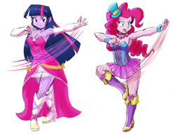 Size: 3536x2728 | Tagged: safe, artist:danmakuman, edit, character:pinkie pie, character:twilight sparkle, my little pony:equestria girls, armpits, boots, bracelet, breasts, choker, cleavage, clothing, corset, crossed legs, dancing, dress, evening gloves, female, fishnets, gloves, hat, high heel boots, jewelry, long gloves, looking at you, looking sideways, miniskirt, open mouth, pantyhose, raised eyebrow, raised leg, shoes, simple background, skirt, smiling, smirk, socks, thigh highs, white background