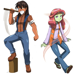 Size: 3056x3000 | Tagged: safe, artist:danmakuman, artist:rj-streak, character:tree hugger, character:trouble shoes, my little pony:equestria girls, axe, beard, clothing, costume, equestria girls-ified, facial hair, feet, female, log, lumberjack, male, plad shirt, sandals, shipping, simple background, straight, suspenders, troublehugger, weapon, white background