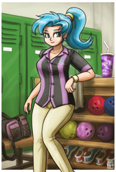 Size: 1519x2250 | Tagged: safe, artist:king-kakapo, part of a set, character:allie way, species:human, bag, bowling ball, clothing, commission, female, humanized, pants, shirt, solo