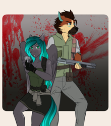 Size: 1908x2173 | Tagged: safe, artist:jc_bbqueen, oc, oc only, oc:crystal song, species:anthro, species:diamond dog, species:pegasus, species:pony, anthro oc, blood, breasts, clothing, commission, diamond dog oc, female, gun, male, mare, resident evil, shotgun, weapon