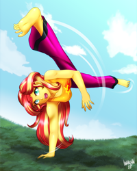 Size: 3600x4500 | Tagged: safe, artist:danmakuman, character:sunset shimmer, species:human, my little pony:equestria girls, absurd resolution, armpits, barefoot, capoeira, clothing, cloud, commission, cutie mark on clothes, feet, female, grass, humanized, martial arts, open mouth, pants, sky, solo, tank top, training