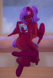 Size: 2806x4096 | Tagged: safe, artist:wickedsilly, oc, oc only, species:anthro, species:pony, anthro oc, book, clothing, female, mare, rain, reading, robe, smiling, window