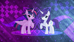 Size: 3265x1837 | Tagged: safe, artist:cyanlightning, artist:laszlvfx, edit, character:rarity, character:twilight sparkle, character:twilight sparkle (alicorn), species:alicorn, species:pony, alternate hairstyle, duo, female, mare, punklight sparkle, wallpaper, wallpaper edit