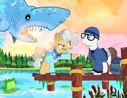 Size: 1000x773 | Tagged: safe, artist:pixelkitties, character:mayor mare, oc, species:pony, forest, frog, jaws, jim miller, lake, lily pad, pier, pixelkitties' brilliant autograph media artwork, shark, water