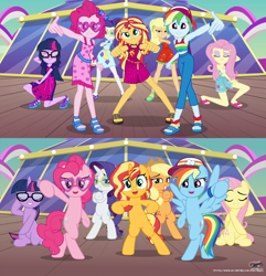 Size: 1920x1995 | Tagged: safe, artist:jhayarr23, edit, editor:sonic ranger, character:applejack, character:fluttershy, character:pinkie pie, character:rainbow dash, character:rarity, character:sunset shimmer, character:twilight sparkle, character:twilight sparkle (scitwi), species:earth pony, species:eqg human, species:pegasus, species:pony, species:unicorn, episode:i'm on a yacht, g4, my little pony: equestria girls, my little pony:equestria girls, spoiler:eqg series (season 2), clothing, comparison, equestria girls ponified, female, humane five, humane seven, humane six, looking at you, mare, open mouth, ponified, scene interpretation, sleeveless, sunglasses, tank top, unicorn sci-twi