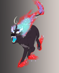 Size: 1811x2227 | Tagged: safe, artist:jc_bbqueen, oc, oc only, oc:locke, species:kirin, angry, chest fluff, cloven hooves, fangs, fire, freckles, glowing eyes, gradient background, jumping, leonine tail, male, mane of fire, maw, neck fluff, nirik, on fire, open mouth, rage, raised hoof, raised leg, sharp teeth, shoulder fluff, slit eyes, solo, sparkles, teeth