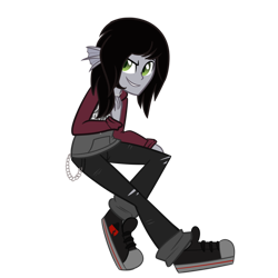 Size: 894x894 | Tagged: safe, artist:wubcakeva, derpibooru original, species:siren, my little pony:equestria girls, chains, clothing, commission, equestria girls-ified, grin, hoodie, jeans, kellin quinn, looking at you, male, pants, raised leg, ripped jeans, shoes, simple background, sleeping with sirens, slit eyes, smiling, sneakers, solo, transparent background