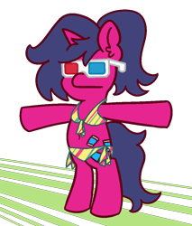 Size: 850x1000 | Tagged: safe, artist:threetwotwo32232, oc, oc only, oc:fizzy pop, species:pony, species:unicorn, 3d glasses, belly button, bikini, clothing, female, mare, midriff, swimsuit, t pose