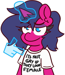 Size: 870x1010 | Tagged: safe, artist:threetwotwo32232, oc, oc:fizzy pop, species:pony, species:unicorn, clothing, femboy, glowing horn, hand, lidded eyes, magic, magic hands, male, shirt, smiling, solo, stallion, t-shirt