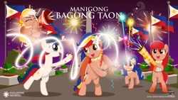Size: 1024x579 | Tagged: safe, artist:jhayarr23, oc, oc:luz, oc:minda, oc:pearl shine, oc:vi, species:earth pony, species:pegasus, species:pony, species:unicorn, 2019, bipedal, filipino, fireworks, flag, happy new year, holiday, philippines, tagalog