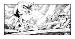 Size: 2550x1350 | Tagged: safe, artist:hobbes-maxwell, oc, oc only, oc:littlepip, species:earth pony, species:pony, species:unicorn, fallout equestria, arbu, black and white, clothing, cloud, cloudy, ear fluff, fallout equestria illustrated, fanfic, fanfic art, female, floppy ears, grayscale, hooves, horn, mare, monochrome, pipbuck, spoon, stew, vault suit