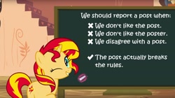 Size: 1920x1079 | Tagged: safe, artist:jhayarr23, edit, edited screencap, editor:leonidus, screencap, character:sunset shimmer, species:pony, species:unicorn, episode:testing testing 1-2-3, g4, my little pony: friendship is magic, chalk, chalkboard, facebook, magic, meme, meta, one eye closed, rules, stairs, text, vector, vector edit, wink