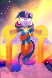 Size: 1200x1800 | Tagged: safe, artist:pixelkitties, character:twilight sparkle, character:twilight sparkle (alicorn), species:alicorn, species:pony, >:d, captain marvel, captain marvel (marvel), carol danvers, clothing, cosplay, costume, crossover, evil grin, female, flying, glowing eyes, grin, magic, mare, marvel, marvel comics, open mouth, smiling, smirk, solo