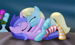 Size: 5712x3460 | Tagged: safe, artist:jhayarr23, character:sassaflash, character:sea swirl, species:pegasus, species:pony, species:unicorn, ship:sassaswirl, background pony, clothing, female, french kiss, kissing, lesbian, movie accurate, movie accurate porn, shipping, socks, striped socks