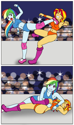 Size: 1000x1687 | Tagged: safe, artist:linedraweer, character:rainbow dash, character:sunset shimmer, fighting is magic, my little pony:equestria girls, armpits, audience, belly button, camera flashes, clothing, comic, commission, crowd, fight, kick, kicking, midriff, pin, pinfall, pinning, sports, sports bra, sports panties, super kick, unconscious, wrestling, wrestling ring