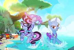 Size: 1100x743 | Tagged: safe, artist:pixelkitties, character:trixie, oc, oc:pixelkitties, species:pony, species:unicorn, beach, beach chair, birthday, blaster, boombox, clothing, duo, hat, headphones, mount aris, music notes, party, sunglasses, swimsuit, transformers, tree, trixie's hat, water