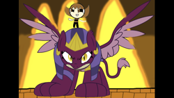 Size: 1334x750 | Tagged: safe, artist:dashiesparkle, artist:undeadponysoldier, character:sphinx, oc, oc:nick, species:sphinx, badass, could be better, epic, fire, pet, say hello to my little friend, temple