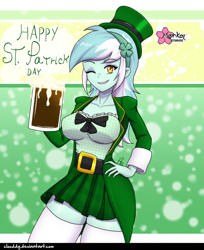 Size: 1000x1225 | Tagged: safe, artist:clouddg, character:lyra heartstrings, my little pony:equestria girls, alcohol, bow tie, breasts, busty lyra heartstrings, clothing, female, hat, holiday, lyrish, mug, one eye closed, saint patrick's day, slort, solo, top hat, vest, wink
