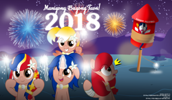 Size: 1024x592 | Tagged: safe, artist:jhayarr23, oc, oc:fillypines, oc:luz, oc:minda, oc:pearl shine, oc:vi, species:pony, 2018, fireworks, happy new year, holiday, night, philippines, pun, this will end in pain and/or tears, upset