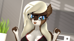 Size: 3840x2160 | Tagged: safe, artist:anthroponiessfm, oc, oc:starry snow, species:anthro, species:deer, 3d, anthro oc, blep, breasts, clothing, cute, deer oc, explicit source, female, glasses, long hair, long mane, looking at you, mlem, original species, silly, source filmmaker, tongue out
