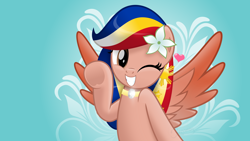 Size: 5304x2984 | Tagged: safe, artist:jhayarr23, oc, oc only, oc:pearl shine, species:pegasus, species:pony, blinking, colored wings, colored wingtips, female, filipino, flower, flower in hair, frog (hoof), grin, heart, jewelry, mare, necklace, one eye closed, one hoof raised, simple background, smiling, solo, underhoof, wallpaper, wink