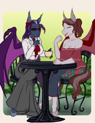 Size: 2550x3300 | Tagged: safe, artist:jc_bbqueen, oc, oc only, oc:indigo rose, oc:scarlet quill, species:anthro, species:bat pony, species:pony, species:unguligrade anthro, anthro oc, bat pony oc, chair, clothing, coffee, commission, conversation, crossed legs, cup, eyes closed, fangs, female, friends, long skirt, mare, off shoulder, signature, skirt, smiling, sunglasses, table, talking