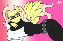 Size: 3186x2084 | Tagged: safe, artist:missmagnificence, character:fluttershy, species:anthro, species:pegasus, species:pony, catherine, catsuit, clothing, colored, female, general, glasses, jumpsuit, katherine, mane, mcbride, pillow, pinup, solo, tail, wings