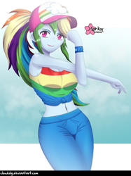 Size: 1000x1335 | Tagged: safe, artist:clouddg, character:rainbow dash, equestria girls:spring breakdown, g4, my little pony: equestria girls, my little pony:equestria girls, spoiler:eqg series (season 2), baseball cap, belly button, breasts, busty rainbow dash, cap, clothing, female, front knot midriff, hat, looking at you, midriff, sexy, smiling, solo, stupid sexy rainbow dash