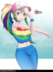 Size: 1000x1335 | Tagged: safe, alternate version, artist:clouddg, character:rainbow dash, equestria girls:spring breakdown, g4, my little pony: equestria girls, my little pony:equestria girls, spoiler:eqg series (season 2), belly button, breasts, cap, cleavage, clothing, female, front knot midriff, hat, human coloration, looking at you, midriff, pants, sexy, signature, solo, stupid sexy rainbow dash