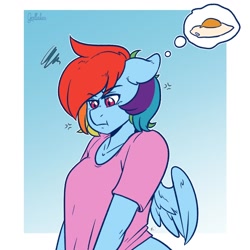 Size: 1700x1700 | Tagged: safe, artist:arnachy, part of a set, character:rainbow dash, species:anthro, species:pegasus, species:pony, :t, annoyed, clothing, egg (food), female, food, shirt, solo, thought bubble