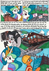 Size: 2057x2992 | Tagged: safe, artist:newyorkx3, character:princess celestia, species:pony, comic:young days, airship, car, comic, news, telephone, television, train